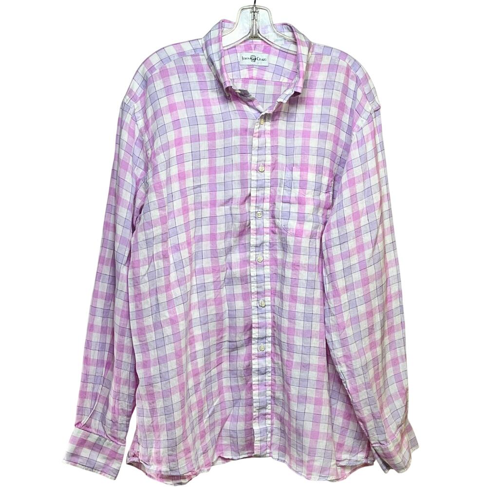 Button Down Shirt Men's XL 100% Linen L/S Pink Purple White Plaid John Craig